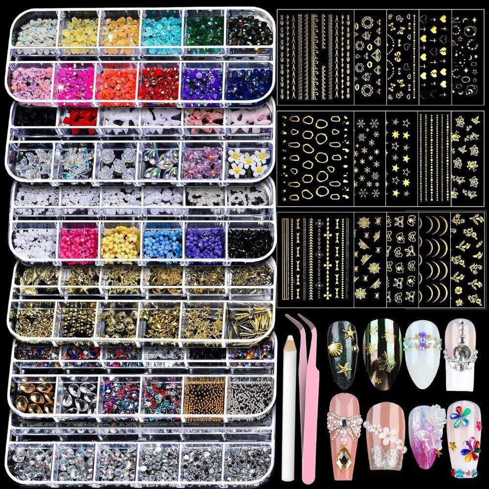 Nail Charms Nail Art Kit with 15 Sheets Gold Nail Stickers, 6 Boxes of Nail Gems